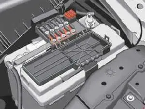 Bezpieczniki w komorze silnika nad akumulatorem