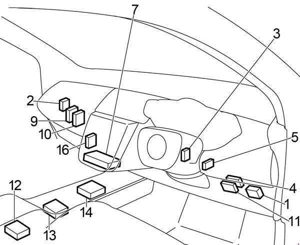 Nissan Murano - schemat skrzynki bezpieczników - przedział pasażerski (lokalizacja)