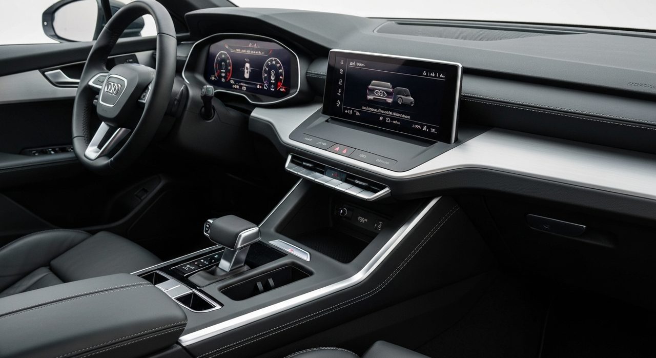 Nowoczesny cyfrowy kokpit elektrycznego SUV-a z dużymi ekranami i minimalistycznym wnętrzem.