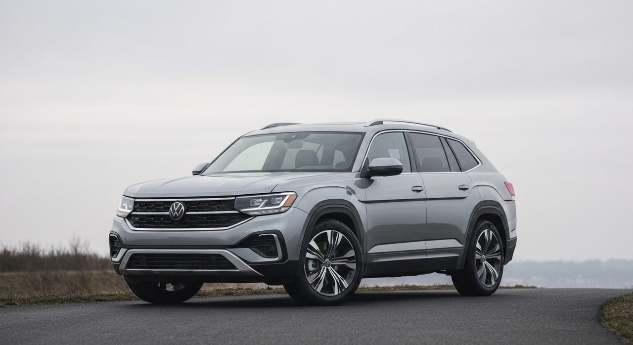Nowy VW Atlas Cross Sport 2026, duży SUV coupe o dynamicznej, sportowej sylwetce, przedstawiony z boku.