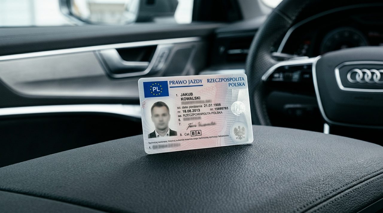 Zbliżenie na prawo jazdy w dłoni, z widocznym znakiem zakazu lub czerwonym X na karcie.