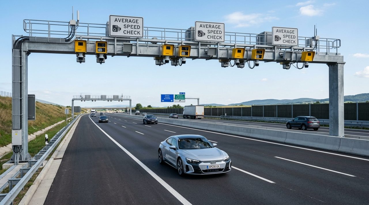 Kamery systemu odcinkowego pomiaru prędkości na autostradzie A1.