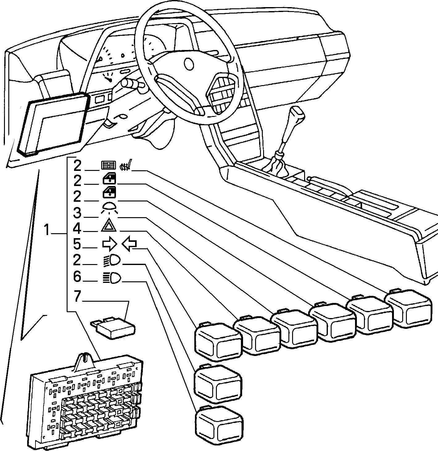 Schemat rozmieszczenia skrzynki bezpieczników w kabinie Alfa Romeo 164 (1987-1997)