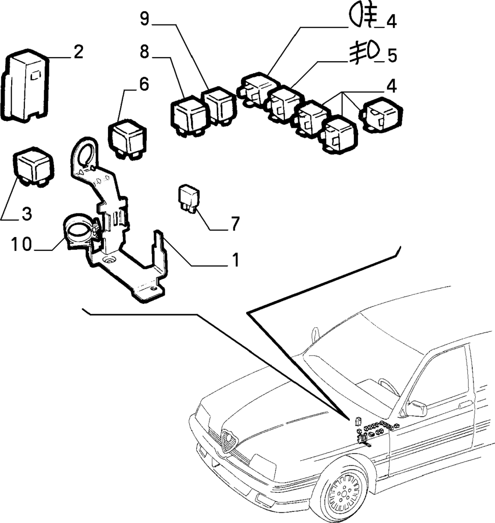 Schemat bloku przekaźników pod maską Alfa Romeo 164