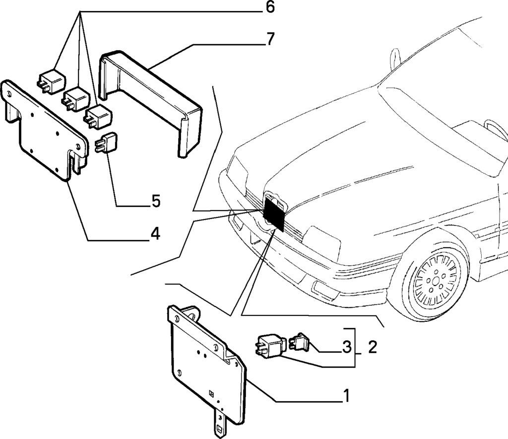 Schemat bloku bezpieczników pod maską Alfa Romeo 164