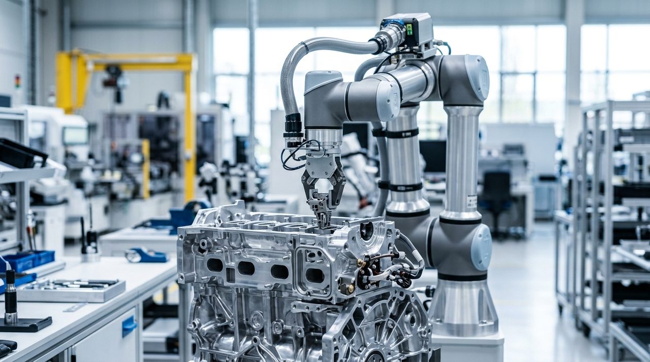 Linia montażowa w fabryce samochodów Volkswagen, gdzie roboty i pracownicy budują nowe pojazdy.