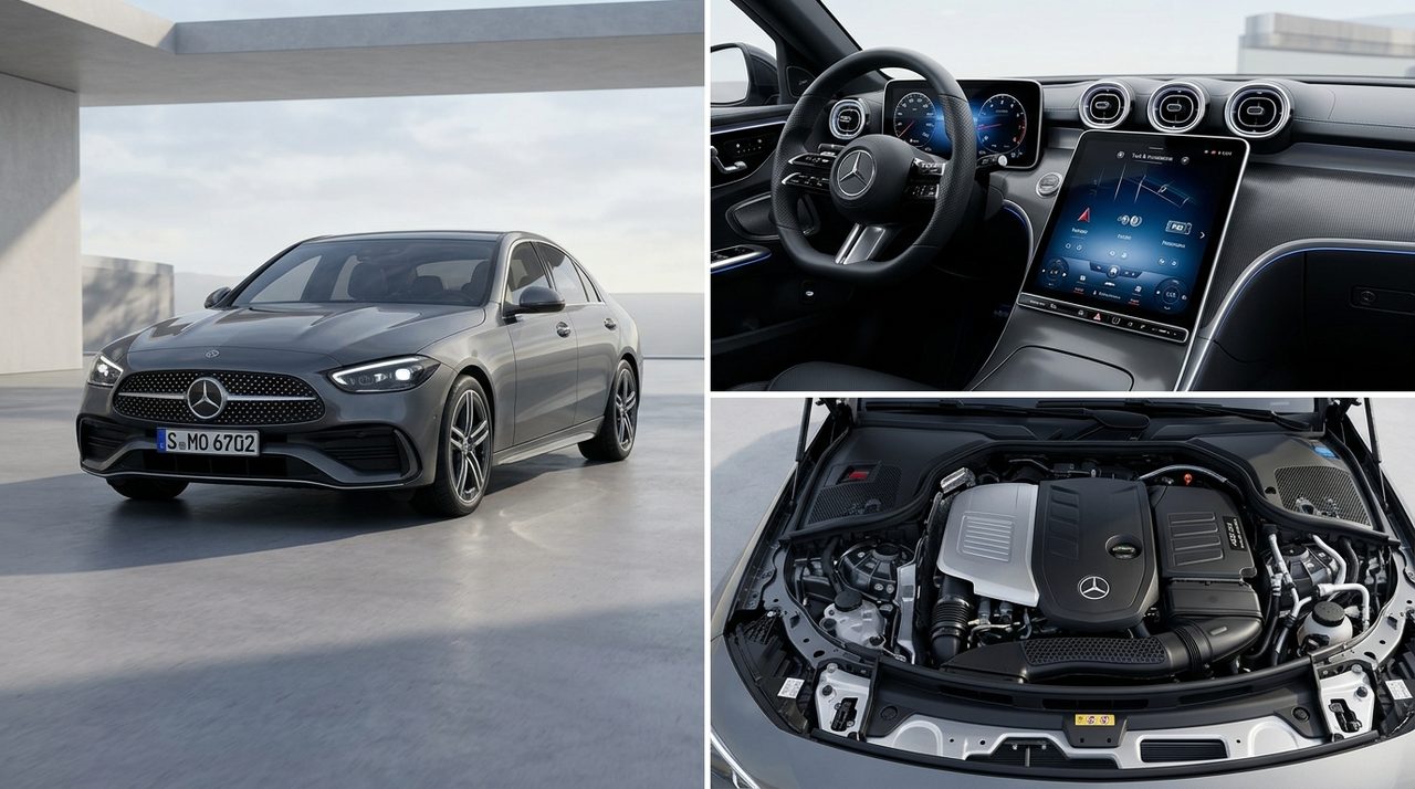 Mercedes Klasy C 2026 po liftingu, czterodrzwiowy sedan z odświeżonym wyglądem przodu.