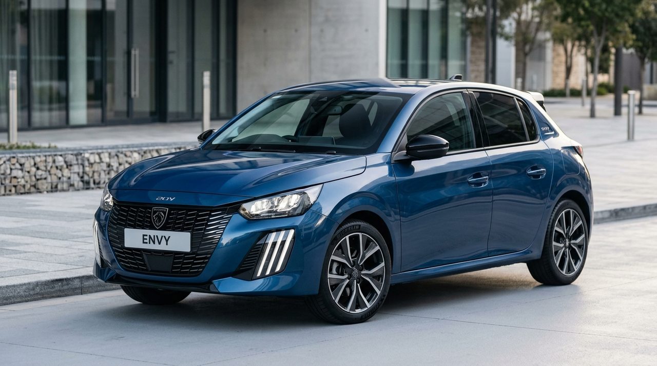Peugeot 208 ENVY 2026 widziany z przodu pod kątem, z charakterystycznymi światłami LED i liniami nadwozia.