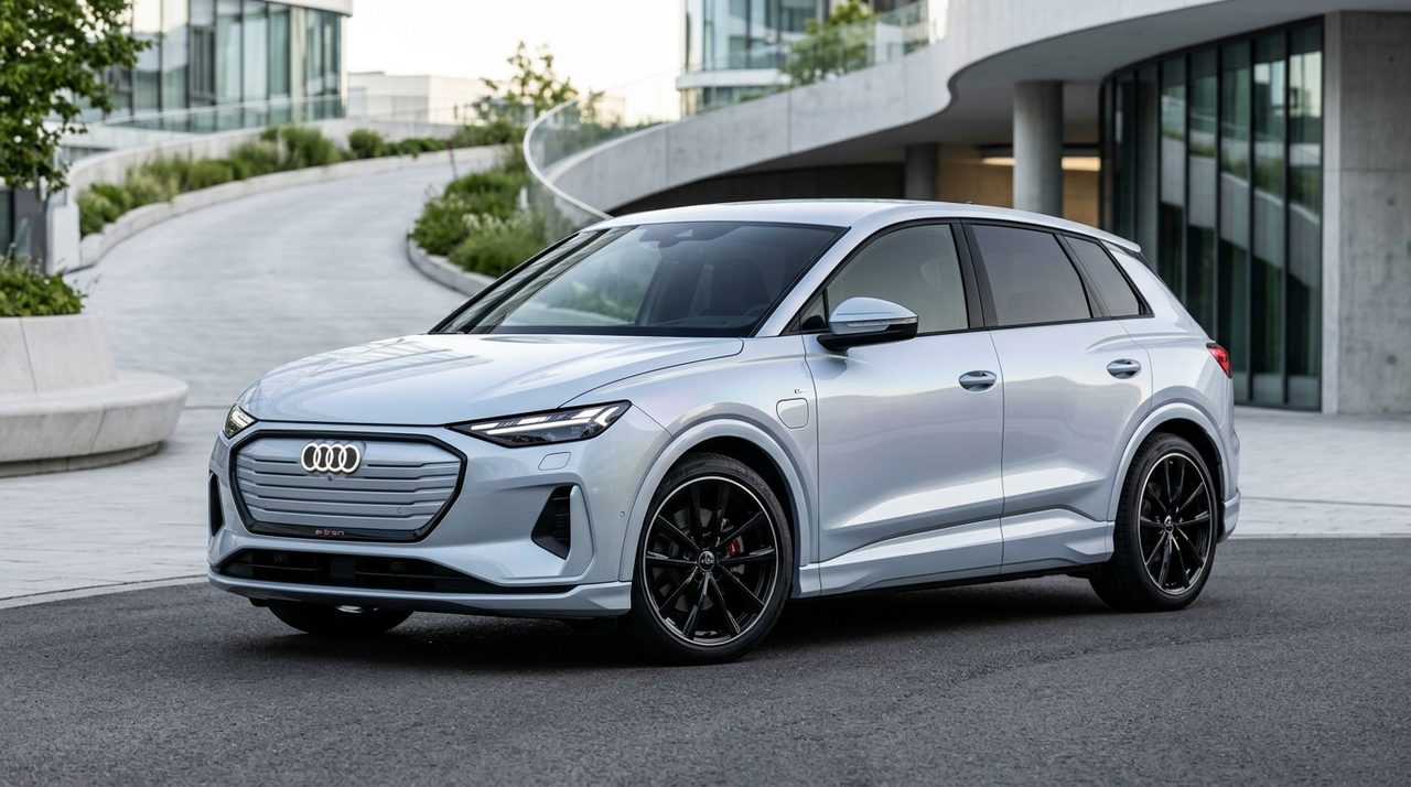 Białe Audi A2 e-tron, elektryczny kompakt, zaparkowane z przodu na tle drogi i zieleni.