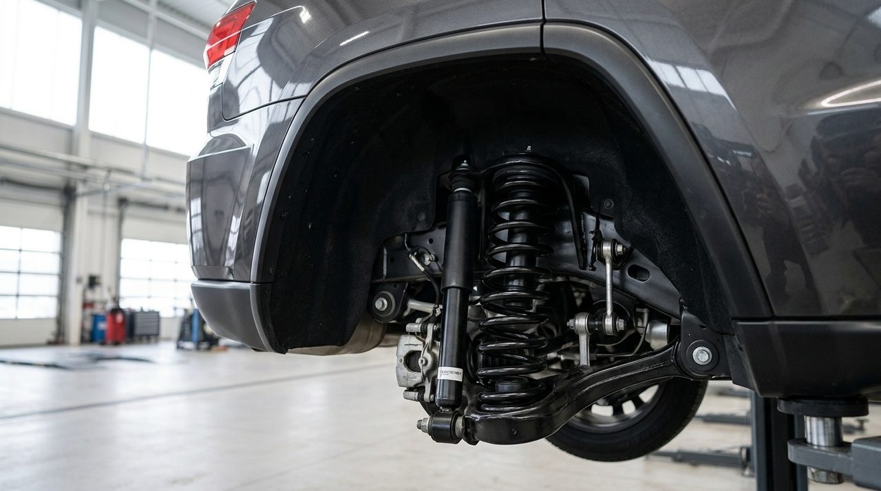 Myjący się biały Jeep Grand Cherokee z otwartymi drzwiami, przód nieco uniesiony.