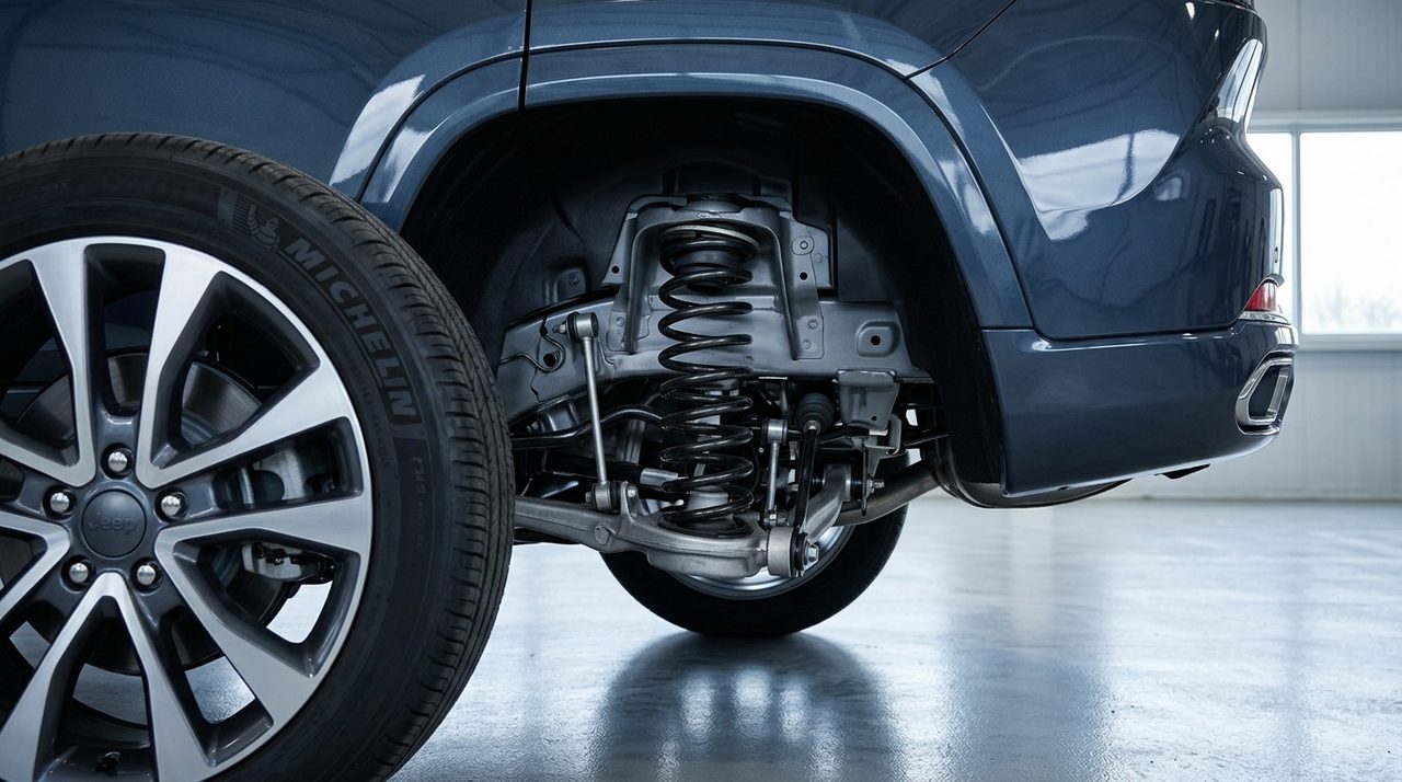 Tylne zawieszenie Jeepa Grand Cherokee z bliska, z wyraźnie widoczną sprężyną i elementami koła.