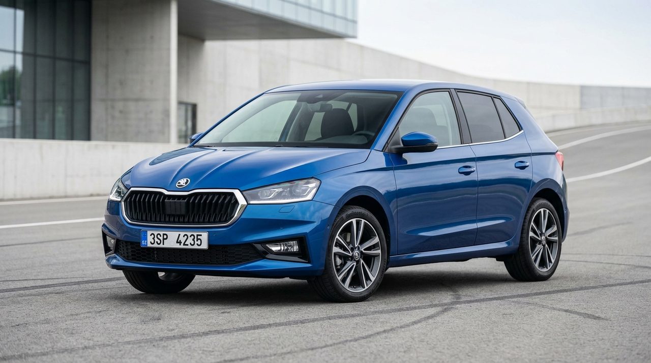 Nowoczesna Skoda Fabia w jasnym kolorze, zaparkowana na ulicy; widok z przodu.