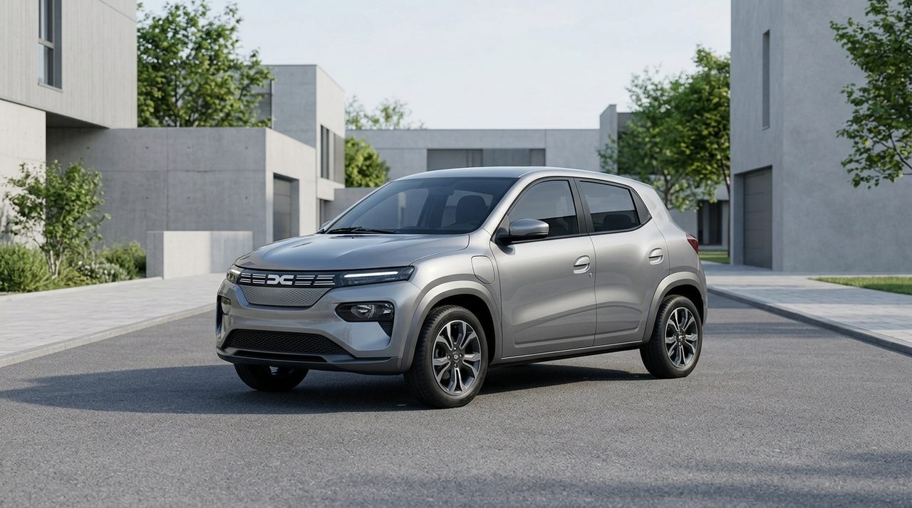 Nowoczesny, kompaktowy miejski samochód elektryczny Dacia Spring w jasnym kolorze, zaparkowany na ulicy.