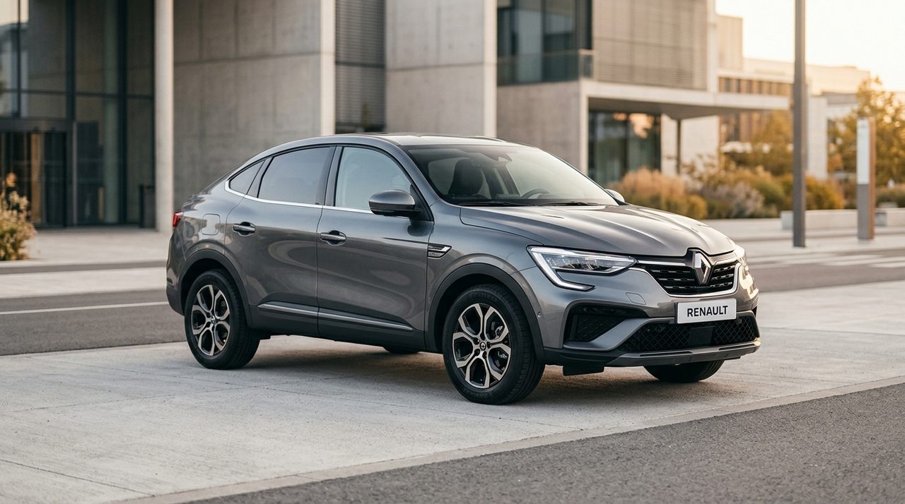 Biały SUV coupe Renault Arkana stoi na brukowanej ulicy miasta, z boku widoczny fragment innego samochodu.