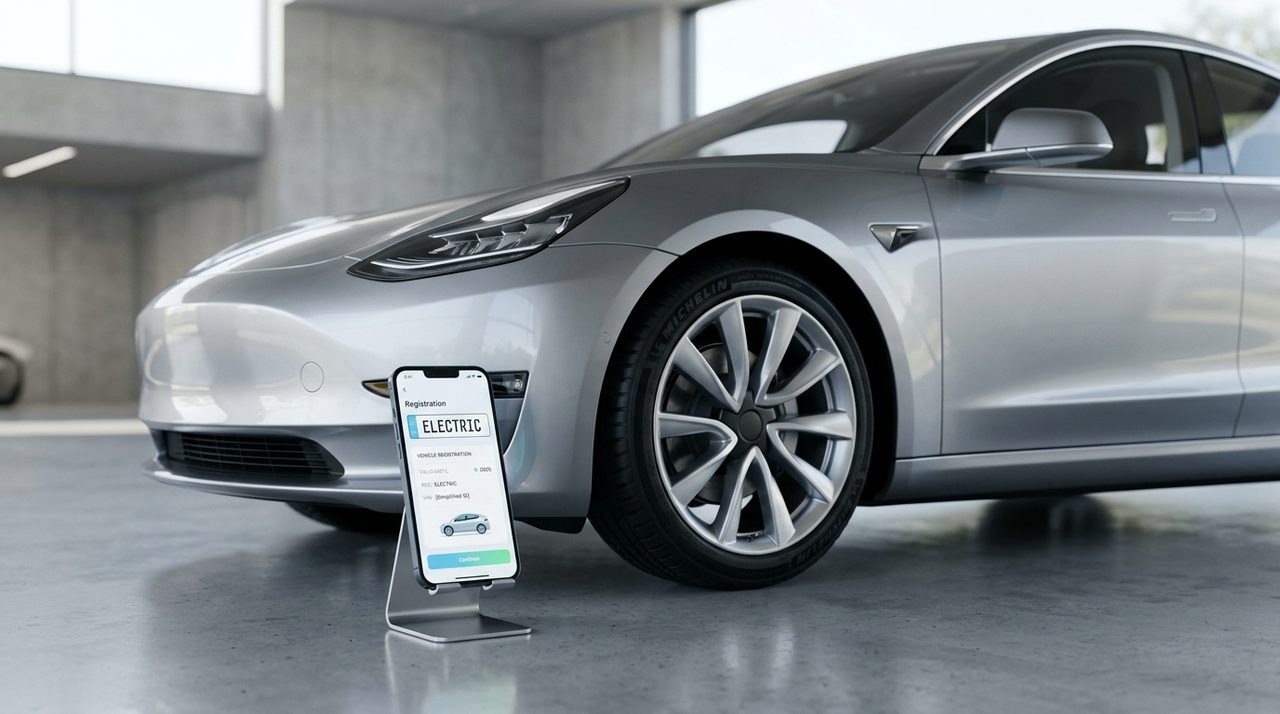 Smartfon z aplikacją do elektronicznej rejestracji pojazdów.