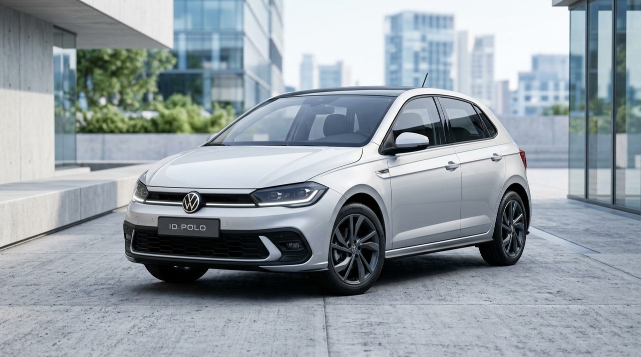 Biały elektryczny Volkswagen ID. Polo na drodze miejskiej, z nowoczesnymi budynkami w tle.