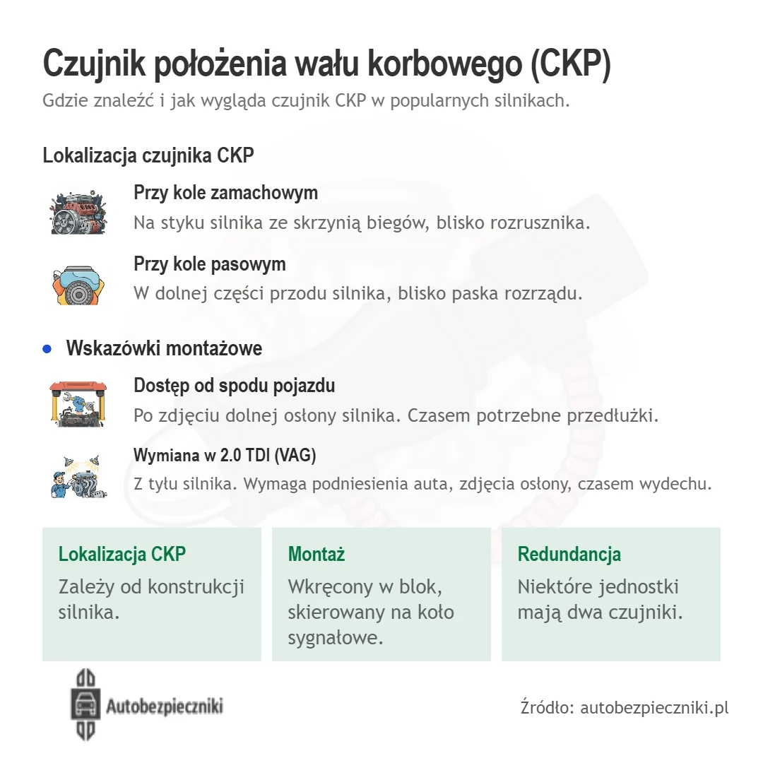 Infografika: gdzie znajduje się czujnik położenia wału korbowego, przy kole zamachowym i przy kole pasowym, oraz jak się do niego dostać