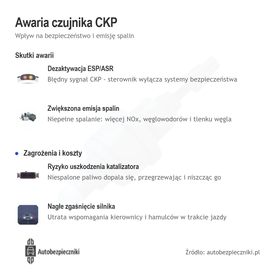 Infografika: skutki awarii czujnika CKP, dezaktywacja ESP i ASR, zwiększona emisja spalin, ryzyko uszkodzenia katalizatora i nagłe zgaśnięcie silnika