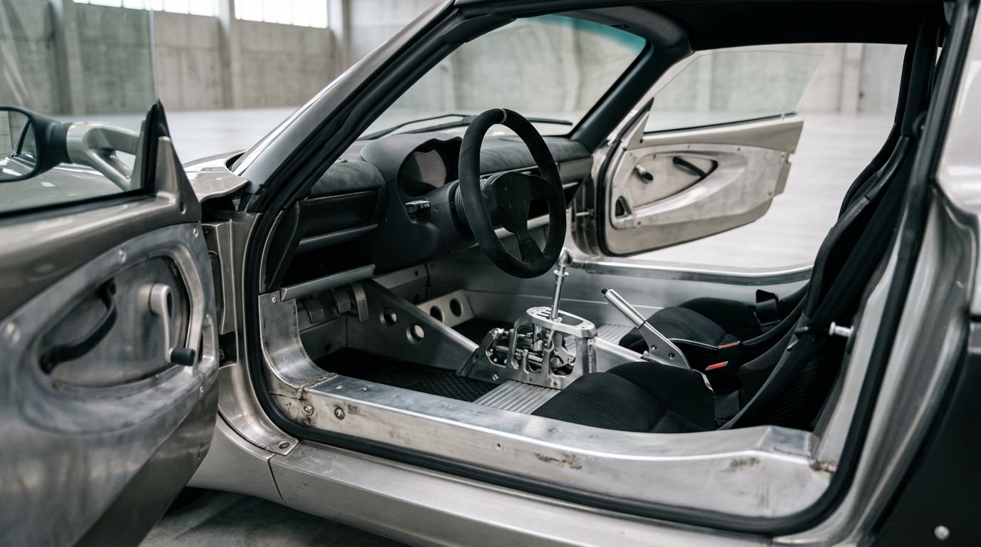 Wnętrze lekkiego auta sportowego z odsłoniętą aluminiową ramą i mechanizmem zmiany biegów