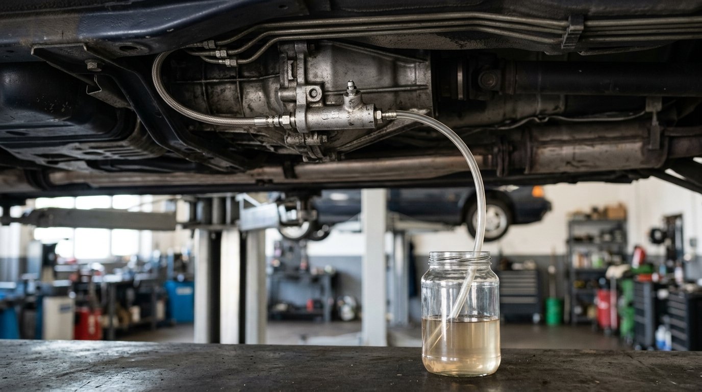 Odpowietrzanie hydraulicznego układu sprzęgła: przezroczysty wąż na odpowietrzniku i słoik z płynem