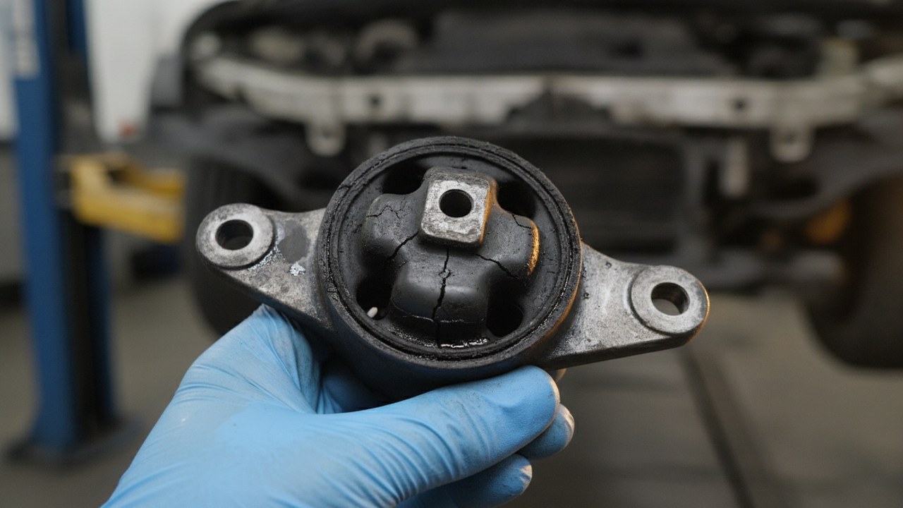 Zużyta poduszka silnika z pękniętą gumą trzymana przez mechanika