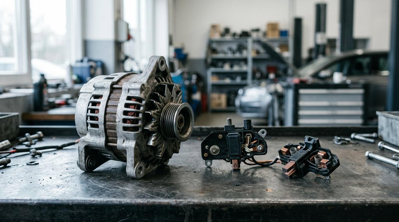 Alternator z regulatorem napięcia i szczotkami na stole warsztatowym