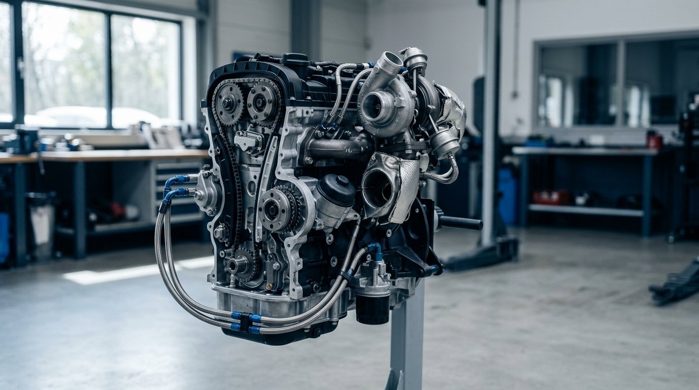 Czterocylindrowy silnik benzynowy z turbosprężarką na stojaku warsztatowym, widoczna strona łańcucha rozrządu
