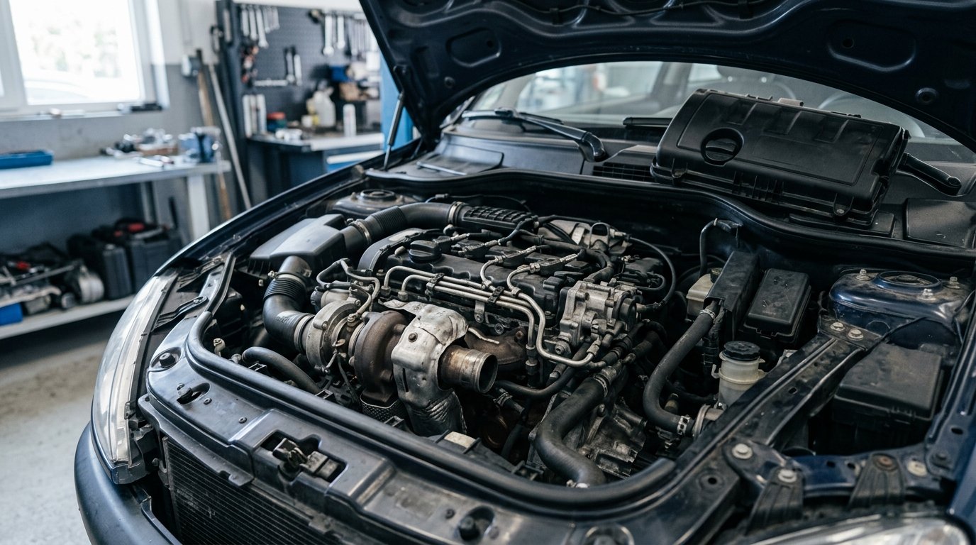 Czterocylindrowy silnik wysokoprężny z turbosprężarką w komorze silnika