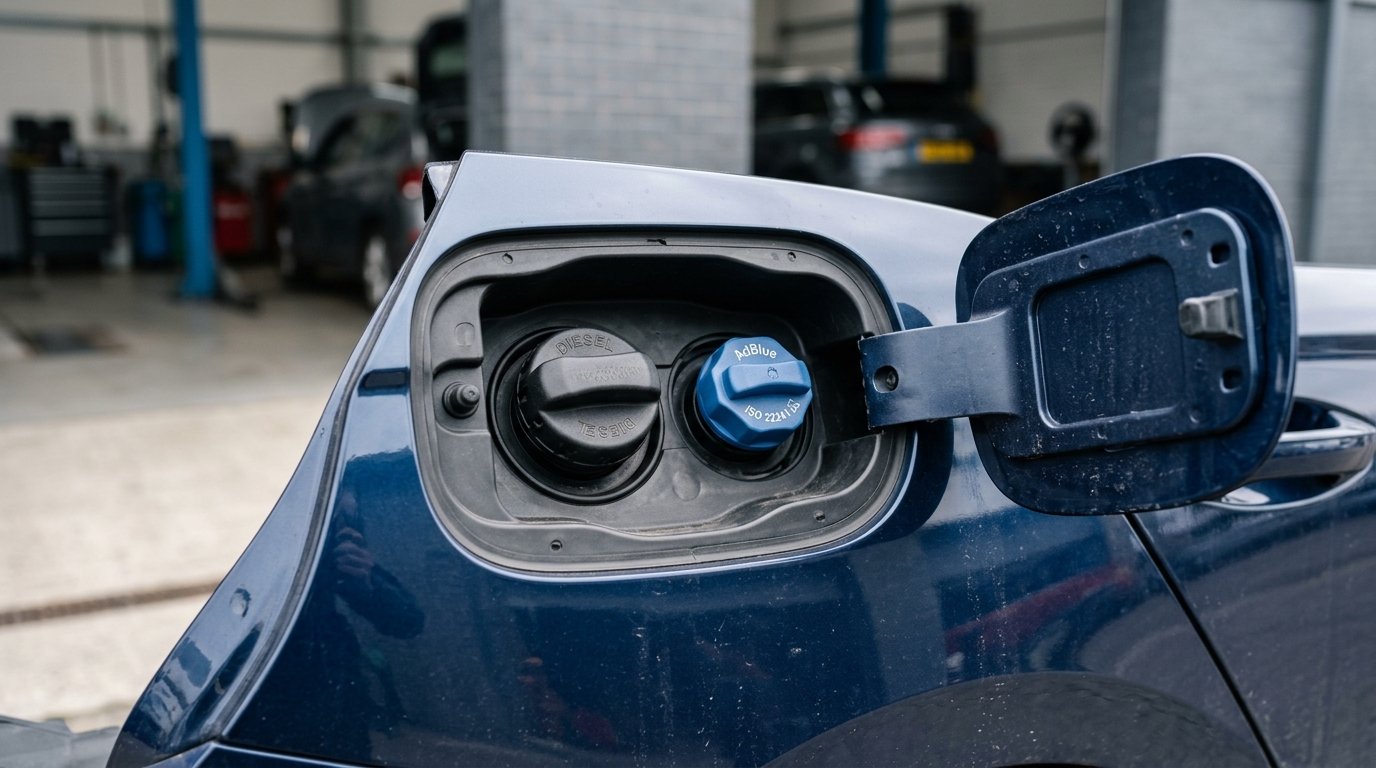 Wlew AdBlue z niebieską zakrętką przy wlewie paliwa