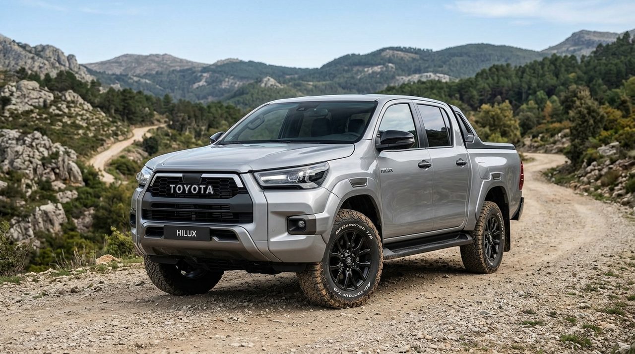 Nowa Toyota Hilux 2026 w jasnym kolorze stoi na drodze w terenie, prezentując swój solidny i nowoczesny design.