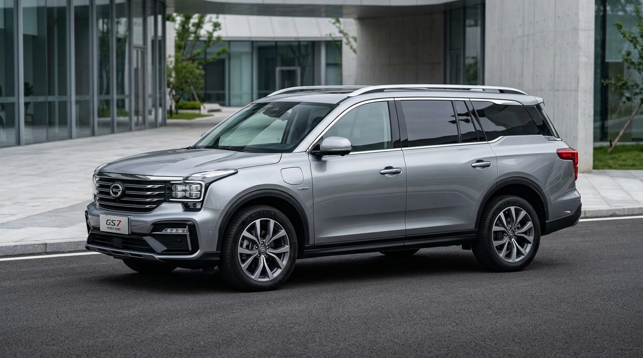GAC GS7 PHEV, duży SUV, stoi na zewnątrz, prezentując nowoczesny design i potężną sylwetkę.
