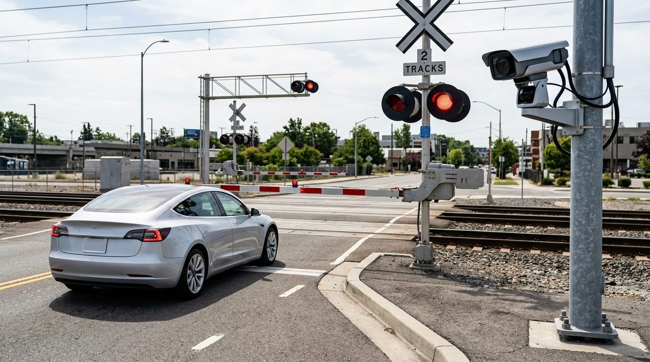 Kamera monitoruje przejazd kolejowy z opuszczonymi szlabanami i migającym czerwonym światłem.