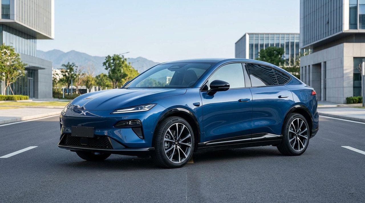 Nowoczesny elektryczny SUV-coupe w jasnym kolorze, zaparkowany na zewnątrz, z widokiem z boku.