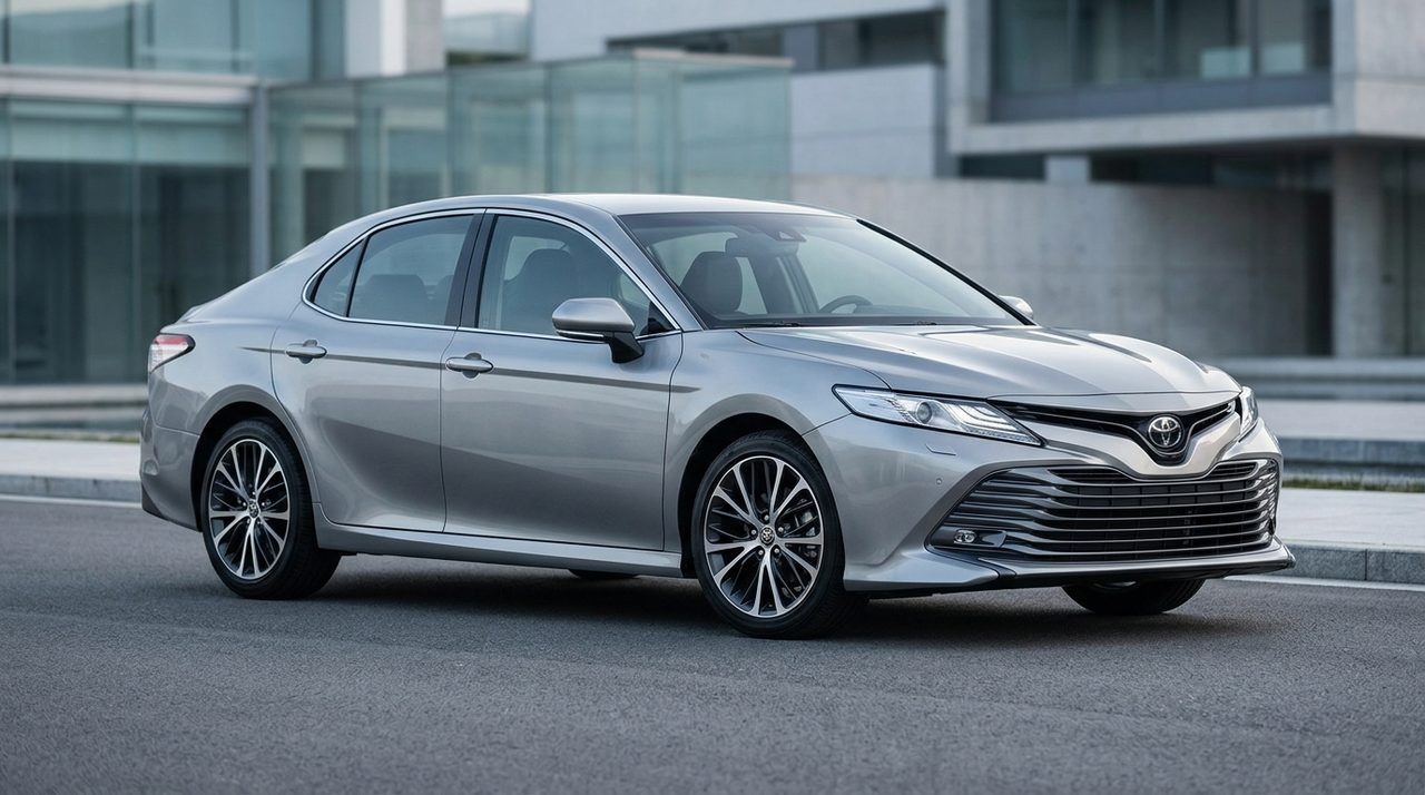 Nowoczesny sedan Toyota Camry 2027 na drodze, widok z przodu pod kątem i z boku.