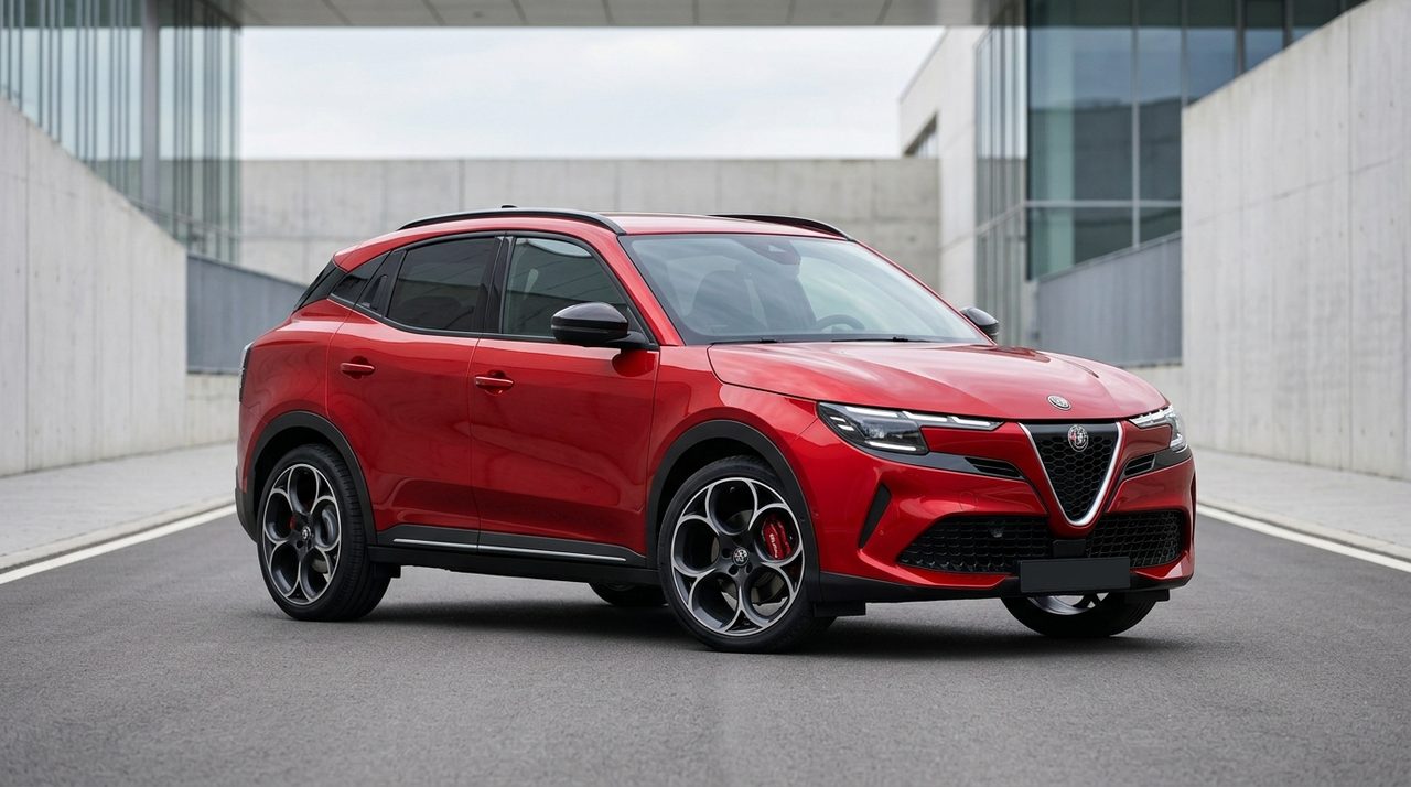 Czerwony crossover o dynamicznej sylwetce i nowoczesnym designie, symbolizujący ewolucję modelu Giulietta.