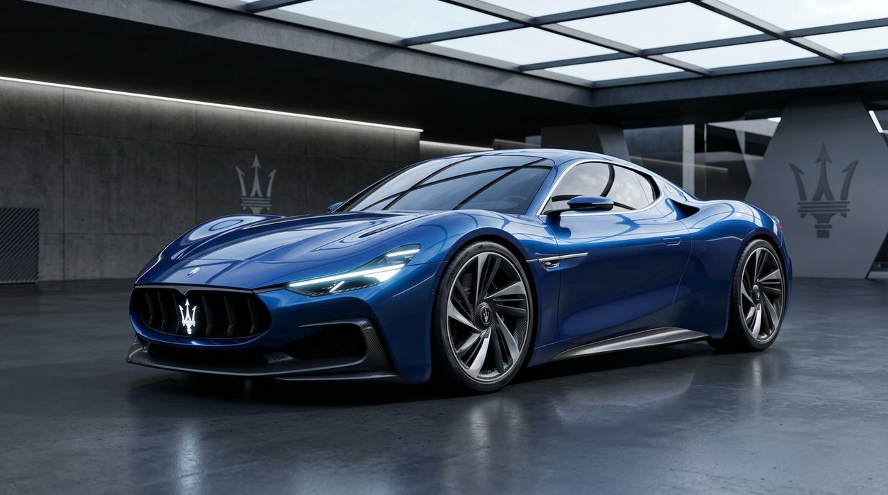 Nowoczesny samochód sportowy Maserati o smukłych liniach karoserii, zaparkowany w eleganckim otoczeniu.