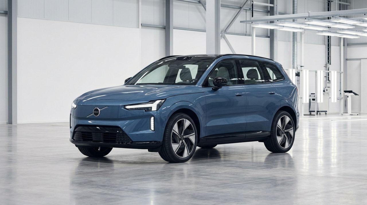 Nowoczesny elektryczny SUV Volvo EX60 stoi na drodze, prezentując swój minimalistyczny design.