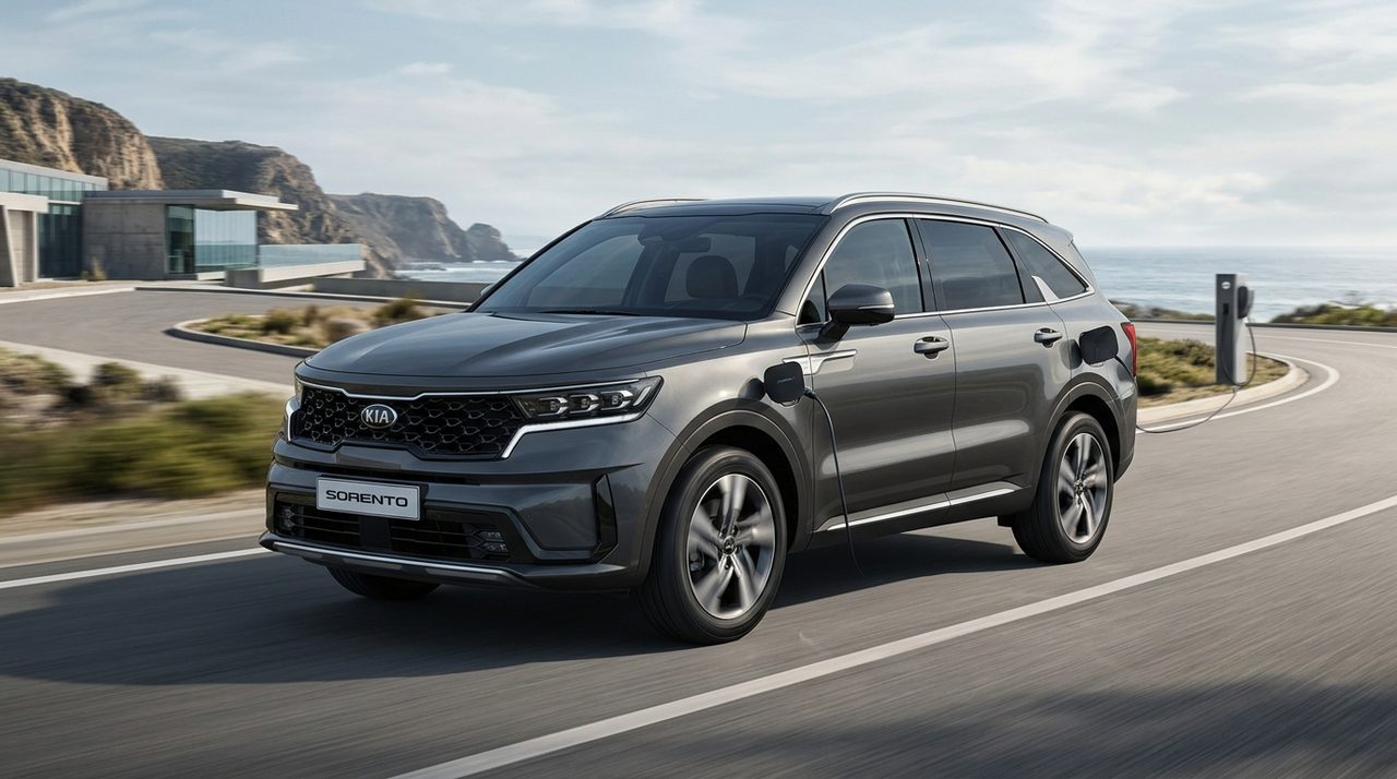 Nowoczesny średniej wielkości SUV Kia Sorento PHEV 2027 w widoku z przodu i z boku.
