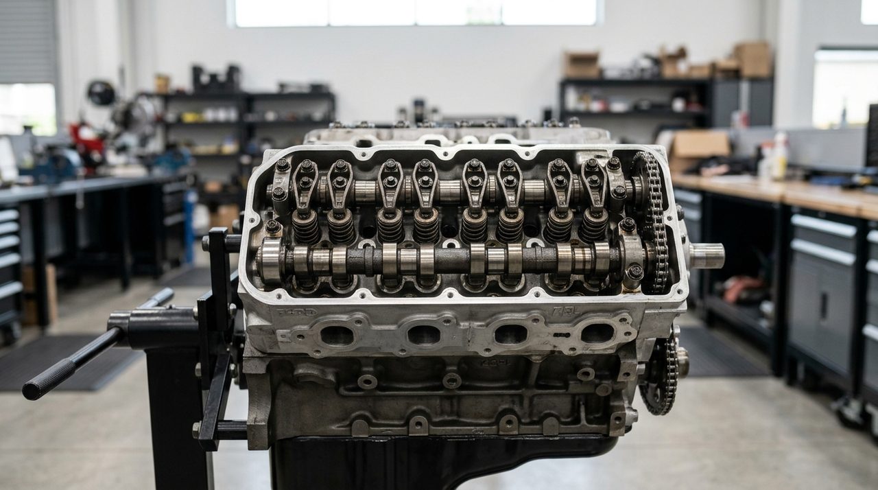 Zbliżenie na wałek rozrządu i popychacze zaworowe silnika Ford Godzilla 7.3L V8.