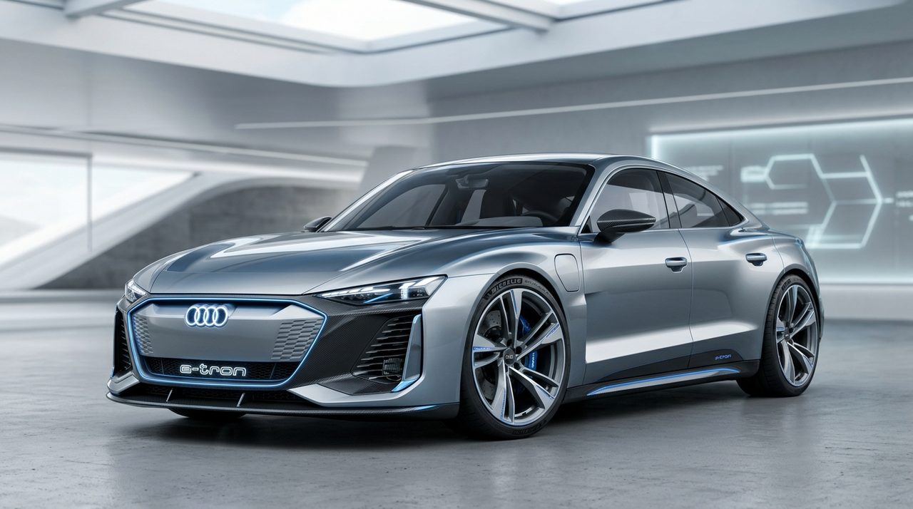 Sportowy samochód elektryczny Audi z aerodynamiczną linią nadwozia i futurystycznymi detalami, stojący na drodze.
