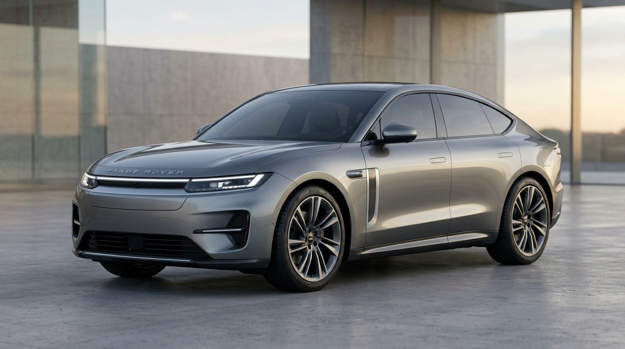 Niskopodłogowy, elektryczny grand tourer o nadwoziu typu fastback, zaparkowany na drodze.