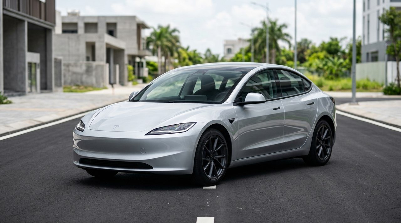 Nowoczesny samochód elektryczny Tesla w jasnym kolorze, stojący na ulicy w miejskim krajobrazie.
