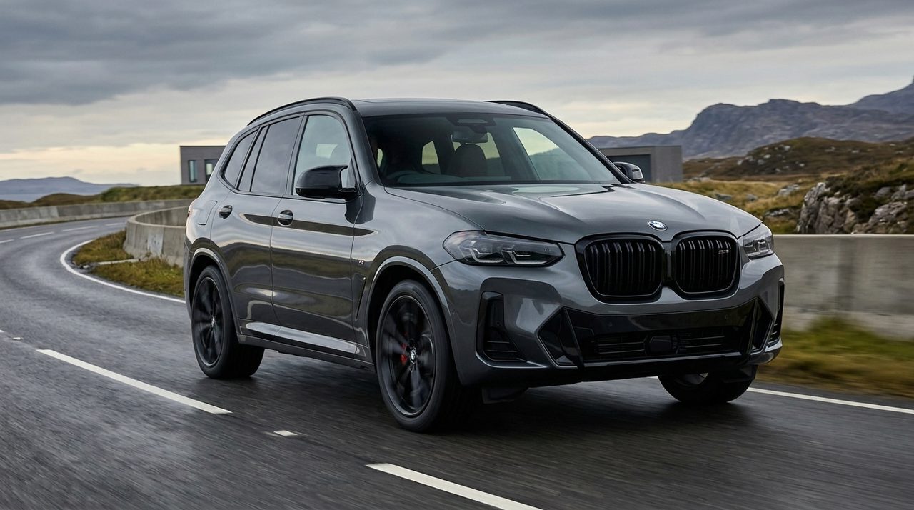 Białe sportowe BMW X3 M50 z mrocznym pakietem Black Package stoi na drodze przed lasem.
