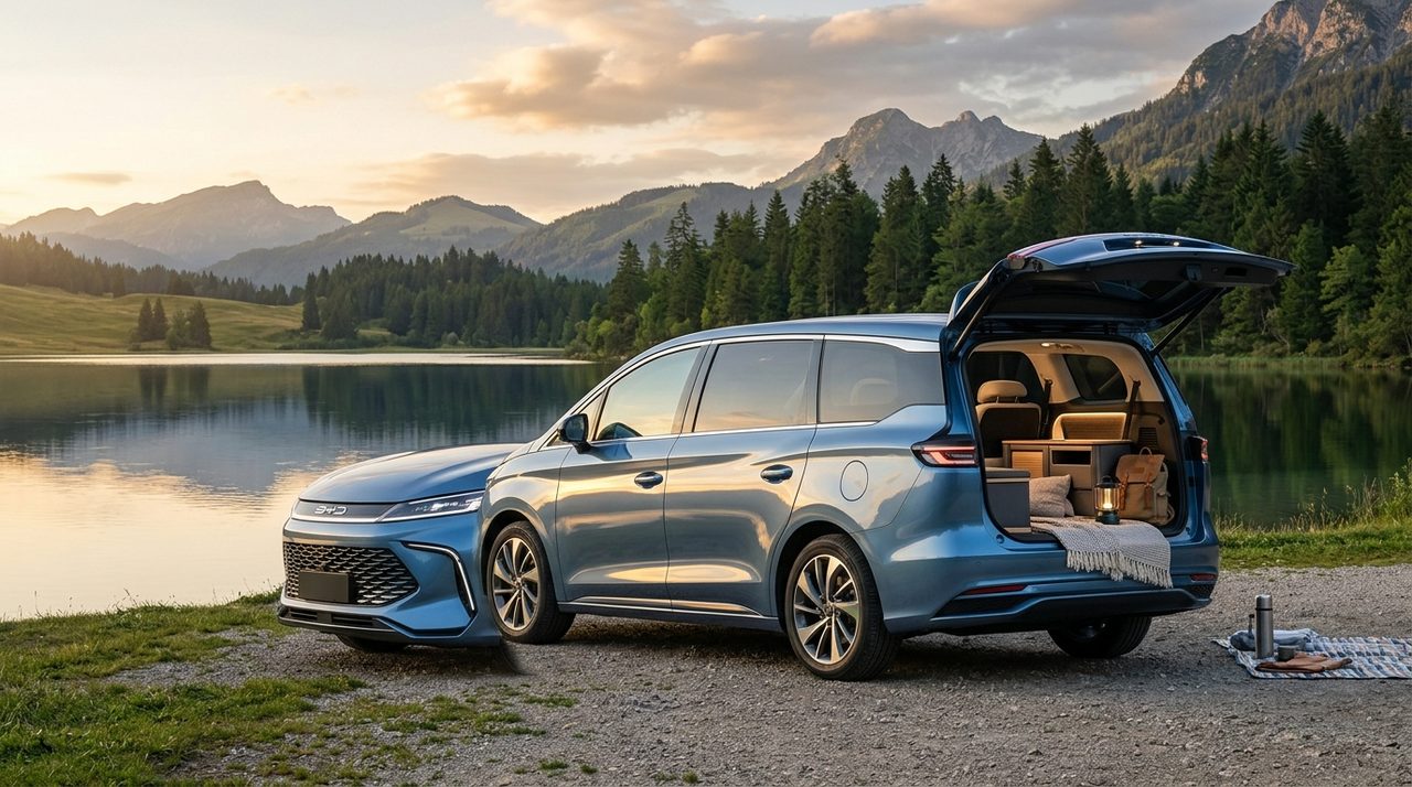 Samochód BYD Ocean MPV 2026, zamaskowany prototyp minivana, widać na drodze w ruchu ulicznym.