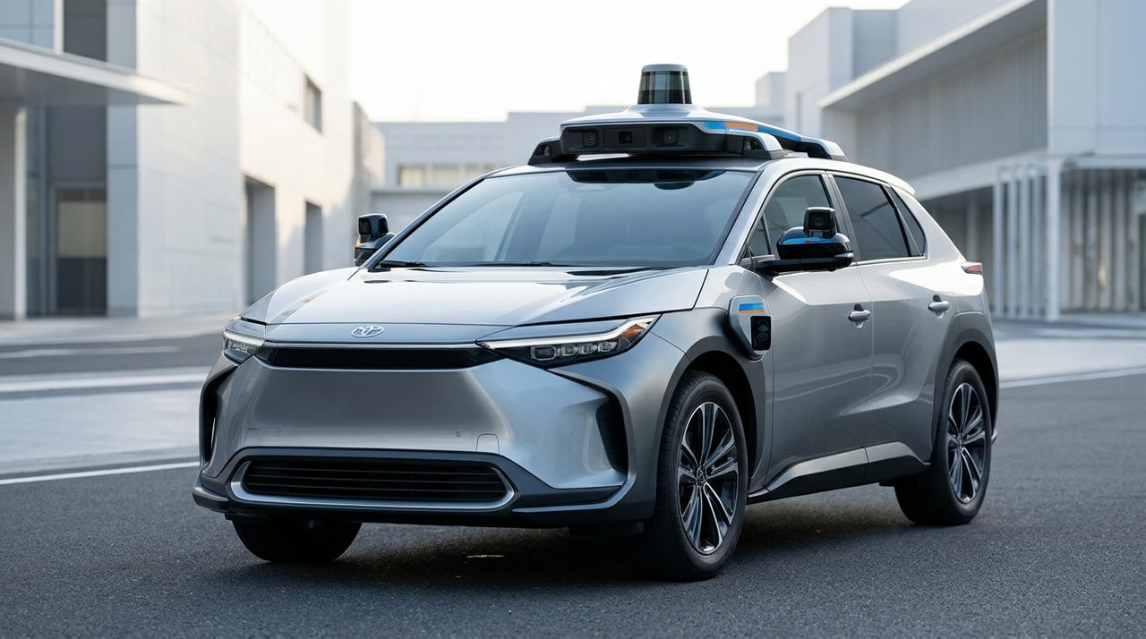 Autonomiczna Toyota bZ4X Waymo z sensorami na dachu, jadąca po drodze miejskiej.
